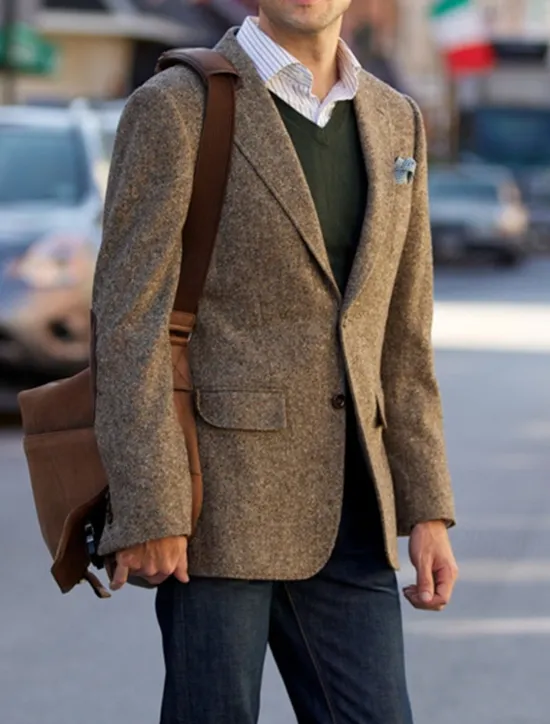 Clearance OUKU Men's Tweed Herringbone Blazer Jacket Vintage Plus Size Regular Tailored Fit Single Breasted Two-buttons Green khaki