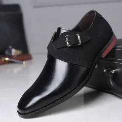 New OUKU Men's Two-Tone Faux Leather and Suede Monk Strap Shoes – Elegant Buckle Dress Shoes for Formal Occasions