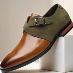 New OUKU Men's Two-Tone Faux Leather and Suede Monk Strap Shoes – Elegant Buckle Dress Shoes for Formal Occasions