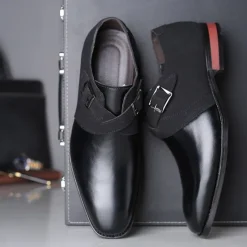 New OUKU Men's Two-Tone Faux Leather and Suede Monk Strap Shoes – Elegant Buckle Dress Shoes for Formal Occasions