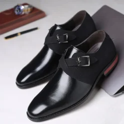 New OUKU Men's Two-Tone Faux Leather and Suede Monk Strap Shoes – Elegant Buckle Dress Shoes for Formal Occasions