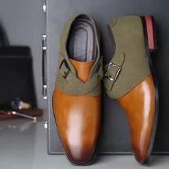 New OUKU Men's Two-Tone Faux Leather and Suede Monk Strap Shoes – Elegant Buckle Dress Shoes for Formal Occasions