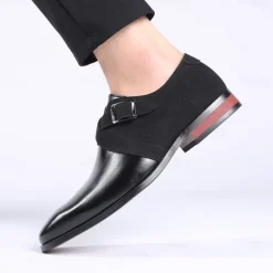 New OUKU Men's Two-Tone Faux Leather and Suede Monk Strap Shoes – Elegant Buckle Dress Shoes for Formal Occasions