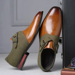 New OUKU Men's Two-Tone Faux Leather and Suede Monk Strap Shoes – Elegant Buckle Dress Shoes for Formal Occasions