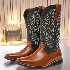 Discount OUKU Men's Two-Tone Western Cowboy Boots – Vintage Style with Embroidered Shaft, and Black Faux Leather, Perfect for Rodeo or Casual Wear Brown