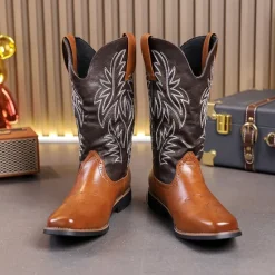Discount OUKU Men's Two-Tone Western Cowboy Boots – Vintage Style with Embroidered Shaft, and Black Faux Leather, Perfect for Rodeo or Casual Wear Brown
