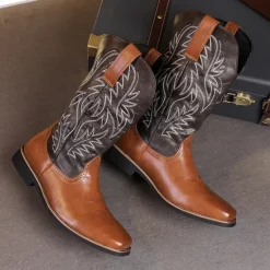 Discount OUKU Men's Two-Tone Western Cowboy Boots – Vintage Style with Embroidered Shaft, and Black Faux Leather, Perfect for Rodeo or Casual Wear Brown
