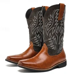 Discount OUKU Men's Two-Tone Western Cowboy Boots – Vintage Style with Embroidered Shaft, and Black Faux Leather, Perfect for Rodeo or Casual Wear Brown