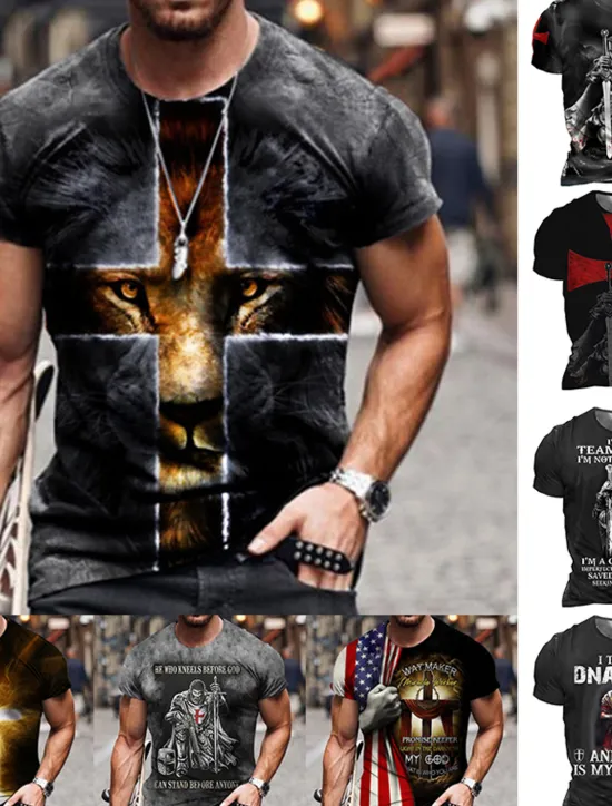 New OUKU Men's Unisex Lion Graphic Prints Cross Shirt T Shirt Tee Short Sleeve T shirt 3D Print Round Neck Shirt Designer Basic Big and Tall Casual Daily Black / Gray Gold + Black Black Summer Clothing Apparel