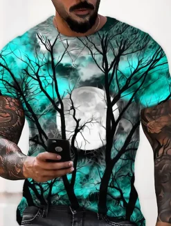 Best OUKU Men's Unisex Moon Graphic Prints Shirt T Shirt Tee Short Sleeve T shirt 3D Print Crew Neck Shirt Designer Casual Big and Tall Halloween Daily Holiday Wine Yellow Red Summer Clothing Apparel S M L XL