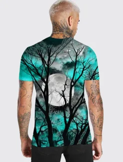 Best OUKU Men's Unisex Moon Graphic Prints Shirt T Shirt Tee Short Sleeve T shirt 3D Print Crew Neck Shirt Designer Casual Big and Tall Halloween Daily Holiday Wine Yellow Red Summer Clothing Apparel S M L XL