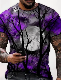 Best OUKU Men's Unisex Moon Graphic Prints Shirt T Shirt Tee Short Sleeve T shirt 3D Print Crew Neck Shirt Designer Casual Big and Tall Halloween Daily Holiday Wine Yellow Red Summer Clothing Apparel S M L XL