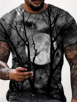 Best OUKU Men's Unisex Moon Graphic Prints Shirt T Shirt Tee Short Sleeve T shirt 3D Print Crew Neck Shirt Designer Casual Big and Tall Halloween Daily Holiday Wine Yellow Red Summer Clothing Apparel S M L XL