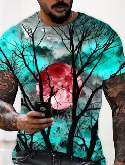 Best OUKU Men's Unisex Moon Graphic Prints Shirt T Shirt Tee Short Sleeve T shirt 3D Print Crew Neck Shirt Designer Casual Big and Tall Halloween Daily Holiday Wine Yellow Red Summer Clothing Apparel S M L XL