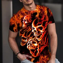 Online OUKU Men's Unisex Skull Graphic Prints Flame T Shirt Halloween Shirt Short Sleeve T shirt 3D Print Crew Neck Shirt Sports Designer Casual Outdoor Street Daily Summer Clothing Apparel S M L XL XXL Orange