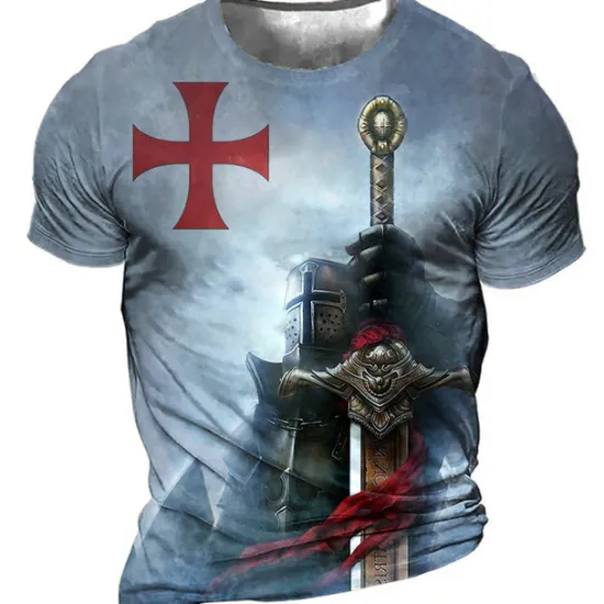 Online OUKU Men's Unisex Templar Cross Graphic Prints Soldier T Shirt Distressed T Shirt Short Sleeve T shirt 3D Print Crew Neck Shirt Sports Designer Casual Outdoor Street Daily Light Yellow Black Yellow Summer