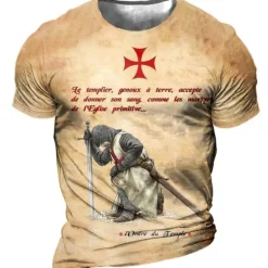 Online OUKU Men's Unisex Templar Cross Graphic Prints Soldier T Shirt Distressed T Shirt Short Sleeve T shirt 3D Print Crew Neck Shirt Sports Designer Casual Outdoor Street Daily Light Yellow Black Yellow Summer