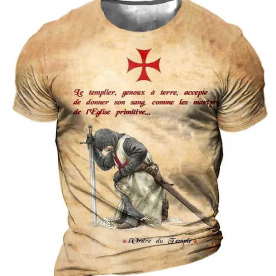 Online OUKU Men's Unisex Templar Cross Graphic Prints Soldier T Shirt Distressed T Shirt Short Sleeve T shirt 3D Print Crew Neck Shirt Sports Designer Casual Outdoor Street Daily Light Yellow Black Yellow Summer