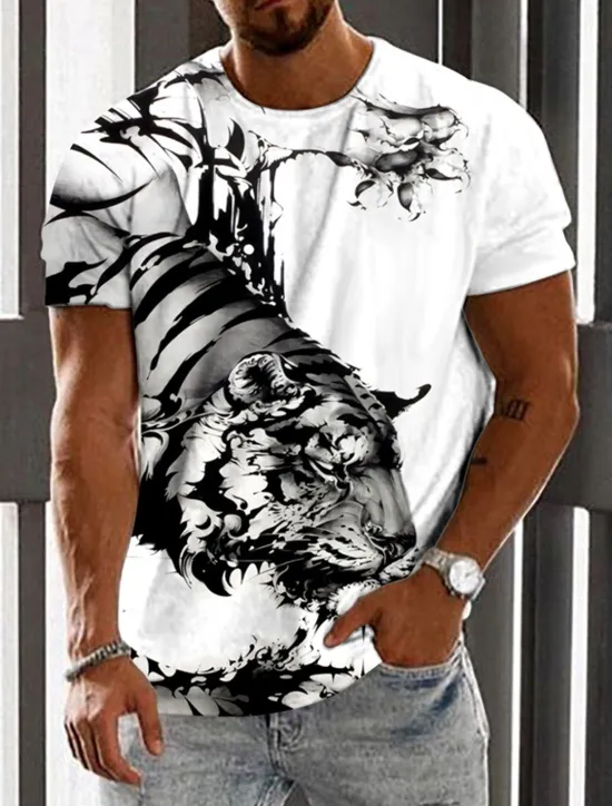 Hot OUKU Men's Unisex Tiger Graphic Prints T Shirt Short Sleeve T shirt 3D Print Crew Neck Shirt Designer Casual Big and Tall Daily Holiday White Yellow Green Summer Clothing Apparel S M L XL XXL 3XL