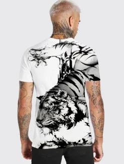 Hot OUKU Men's Unisex Tiger Graphic Prints T Shirt Short Sleeve T shirt 3D Print Crew Neck Shirt Designer Casual Big and Tall Daily Holiday White Yellow Green Summer Clothing Apparel S M L XL XXL 3XL