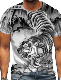 Hot OUKU Men's Unisex Tiger Graphic Prints T Shirt Short Sleeve T shirt 3D Print Crew Neck Shirt Designer Casual Big and Tall Daily Holiday White Yellow Green Summer Clothing Apparel S M L XL XXL 3XL
