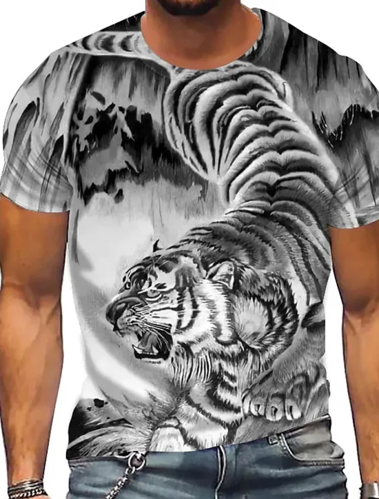 Hot OUKU Men's Unisex Tiger Graphic Prints T Shirt Short Sleeve T shirt 3D Print Crew Neck Shirt Designer Casual Big and Tall Daily Holiday White Yellow Green Summer Clothing Apparel S M L XL XXL 3XL