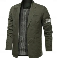 Best OUKU Men's US Flag Cotton Suit Jacket Suits Coat Blazer Casual Outdoor Dailywear Long Sleeve Notch Lapel Collar Outwear Pockets Button Down Stripe Lined Suit Jacket Fall Winter Black khaki Army Green