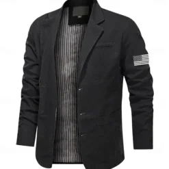 Best OUKU Men's US Flag Cotton Suit Jacket Suits Coat Blazer Casual Outdoor Dailywear Long Sleeve Notch Lapel Collar Outwear Pockets Button Down Stripe Lined Suit Jacket Fall Winter Black khaki Army Green