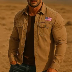Outlet OUKU Men's US Flag Patriotic Work Shirt Western Shirt Cargo Shirt Long Sleeve Casual Tactical Sports Outdoor WorkWear Spring Fall Turndown Front Two Pockets Button Up Shirts Army Green Khaki