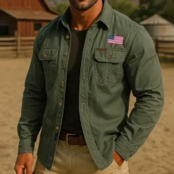 Outlet OUKU Men's US Flag Patriotic Work Shirt Western Shirt Cargo Shirt Long Sleeve Casual Tactical Sports Outdoor WorkWear Spring Fall Turndown Front Two Pockets Button Up Shirts Army Green Khaki