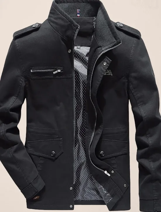 Clearance OUKU Men's Utility Jacket Transition Jacket Going out Zipper Pocket Spring & Fall Solid Colored Military Standing Collar Regular Cotton Regular Fit Black Army Green Khaki Jacket