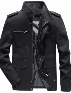 Clearance OUKU Men's Utility Jacket Transition Jacket Going out Zipper Pocket Spring & Fall Solid Colored Military Standing Collar Regular Cotton Regular Fit Black Army Green Khaki Jacket