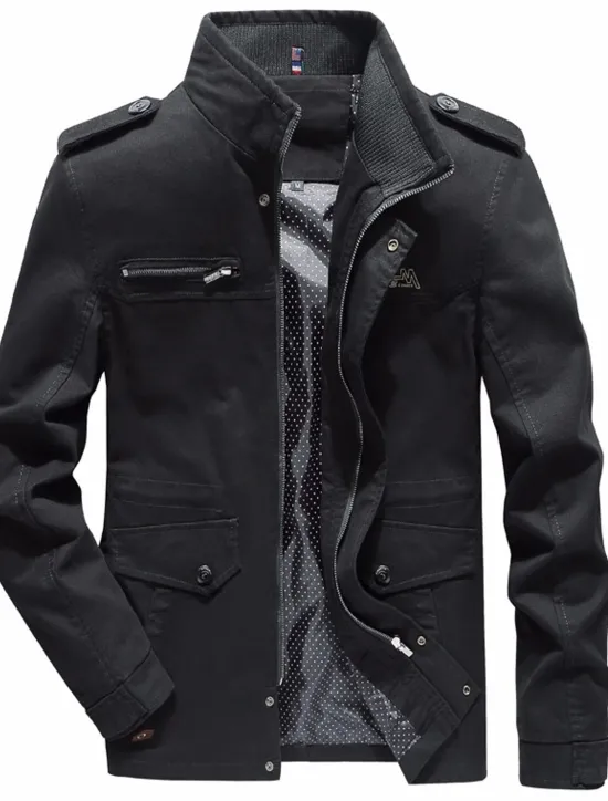 Clearance OUKU Men's Utility Jacket Transition Jacket Going out Zipper Pocket Spring & Fall Solid Colored Military Standing Collar Regular Cotton Regular Fit Black Army Green Khaki Jacket