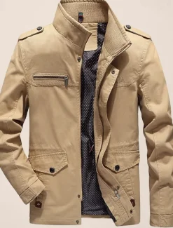 Clearance OUKU Men's Utility Jacket Transition Jacket Going out Zipper Pocket Spring & Fall Solid Colored Military Standing Collar Regular Cotton Regular Fit Black Army Green Khaki Jacket