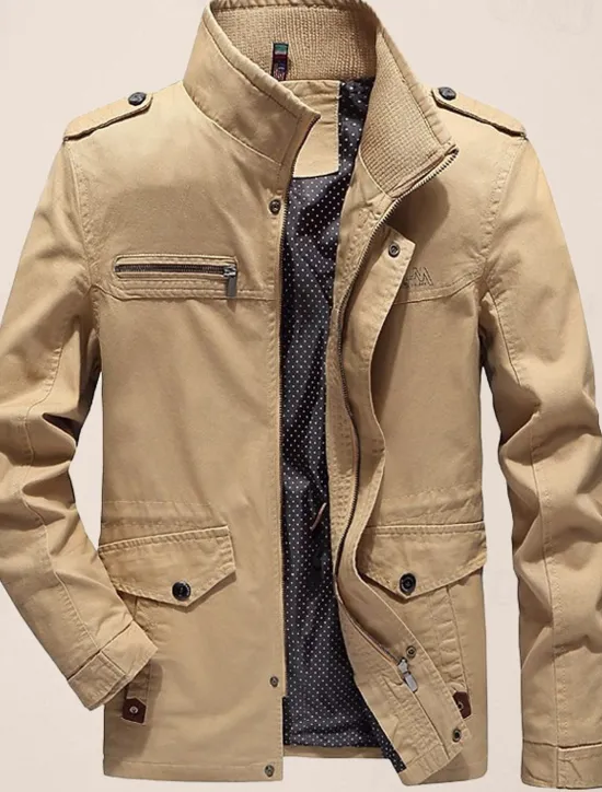 Clearance OUKU Men's Utility Jacket Transition Jacket Going out Zipper Pocket Spring & Fall Solid Colored Military Standing Collar Regular Cotton Regular Fit Black Army Green Khaki Jacket