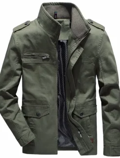 Clearance OUKU Men's Utility Jacket Transition Jacket Going out Zipper Pocket Spring & Fall Solid Colored Military Standing Collar Regular Cotton Regular Fit Black Army Green Khaki Jacket