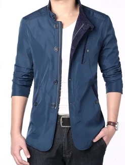 Discount OUKU Men's Utility Jacket Transition Jacket Daily Windbreaker Pocket All Seasons Plain Classic Stand Collar Regular Royal Blue Khaki Jacket