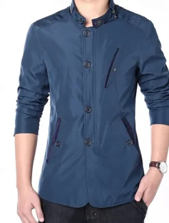 Discount OUKU Men's Utility Jacket Transition Jacket Daily Windbreaker Pocket All Seasons Plain Classic Stand Collar Regular Royal Blue Khaki Jacket