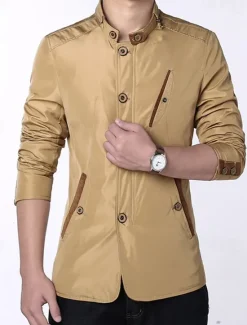 Discount OUKU Men's Utility Jacket Transition Jacket Daily Windbreaker Pocket All Seasons Plain Classic Stand Collar Regular Royal Blue Khaki Jacket