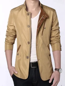 Discount OUKU Men's Utility Jacket Transition Jacket Daily Windbreaker Pocket All Seasons Plain Classic Stand Collar Regular Royal Blue Khaki Jacket