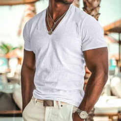 Sale OUKU Men's V Neck Tee Short Sleeve Shirt Tee Top Short Sleeve V Neck Summer Fall Solid Color Vacation Daily Casual Daily V Neck Outdoor Street Causal Light Blue Apricot White Top Tee for Men
