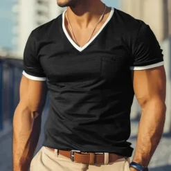 Clearance OUKU Men's V Neck Tee Short Sleeve Shirt Tee Top Short Sleeve V Neck Summer Patchwork Vintage Daily Sports & Outdoors Patchwork Pocket Outdoor Street Causal Army Green Black Dark Blue Top Tee for Men