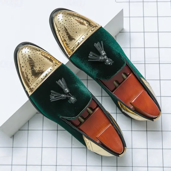 Outlet OUKU Men's Velvet and Gold Loafers | Luxury Tassel Slip-On Dress Shoes with Brogue Detailing for Christmas,Formal Events
