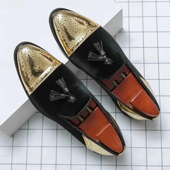 Outlet OUKU Men's Velvet and Gold Loafers | Luxury Tassel Slip-On Dress Shoes with Brogue Detailing for Christmas,Formal Events