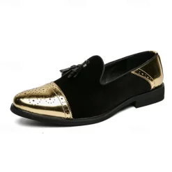 Outlet OUKU Men's Velvet and Gold Loafers | Luxury Tassel Slip-On Dress Shoes with Brogue Detailing for Christmas,Formal Events