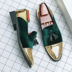 Outlet OUKU Men's Velvet and Gold Loafers | Luxury Tassel Slip-On Dress Shoes with Brogue Detailing for Christmas,Formal Events