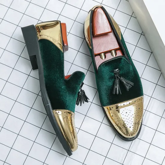 Outlet OUKU Men's Velvet and Gold Loafers | Luxury Tassel Slip-On Dress Shoes with Brogue Detailing for Christmas,Formal Events