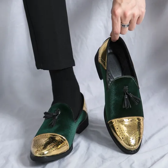 Outlet OUKU Men's Velvet and Gold Loafers | Luxury Tassel Slip-On Dress Shoes with Brogue Detailing for Christmas,Formal Events