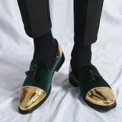 Outlet OUKU Men's Velvet and Gold Loafers | Luxury Tassel Slip-On Dress Shoes with Brogue Detailing for Christmas,Formal Events