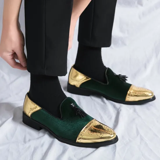 Outlet OUKU Men's Velvet and Gold Loafers | Luxury Tassel Slip-On Dress Shoes with Brogue Detailing for Christmas,Formal Events
